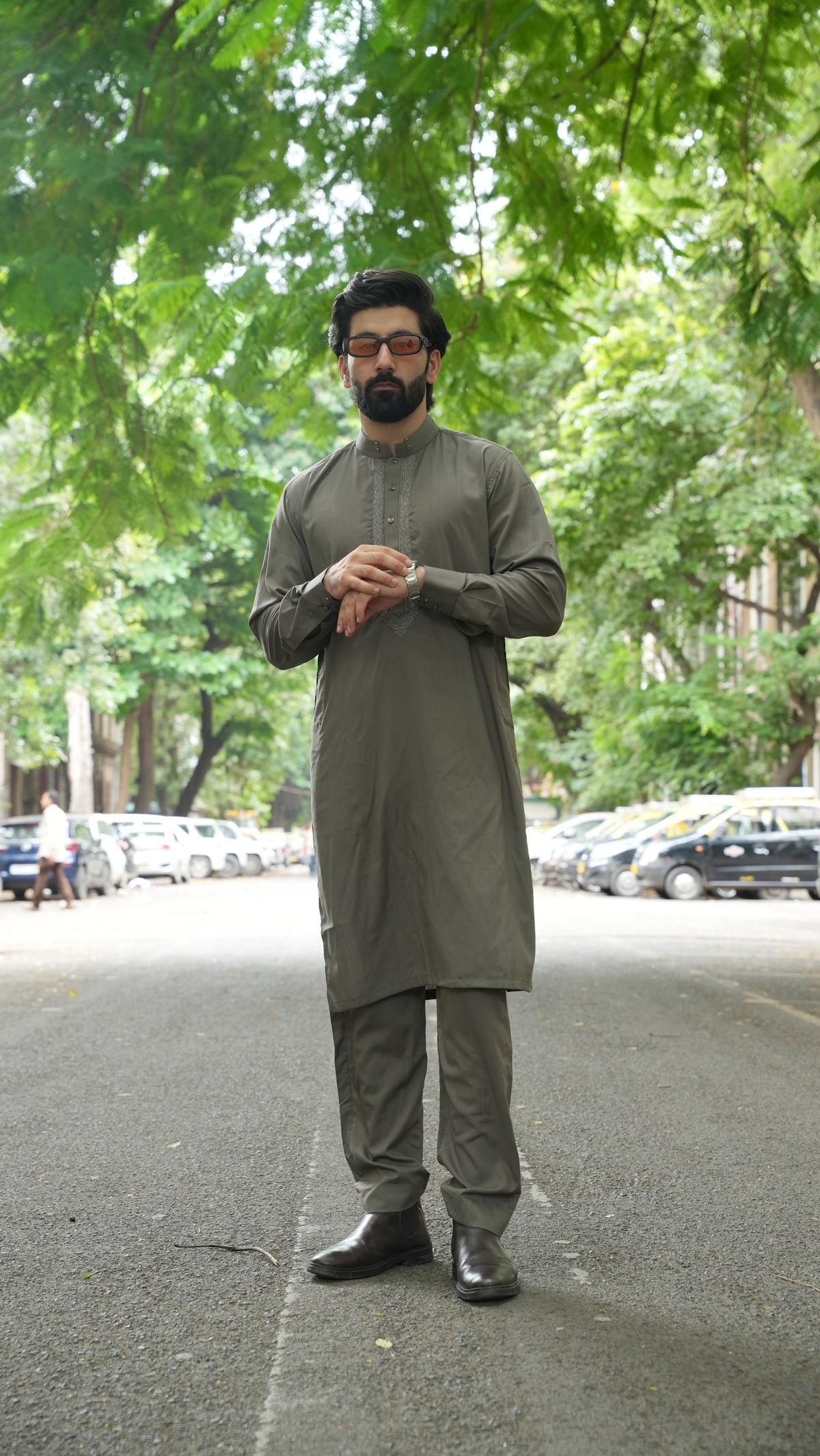 Stone Olive Luxury Embroidered Kurta Trouser