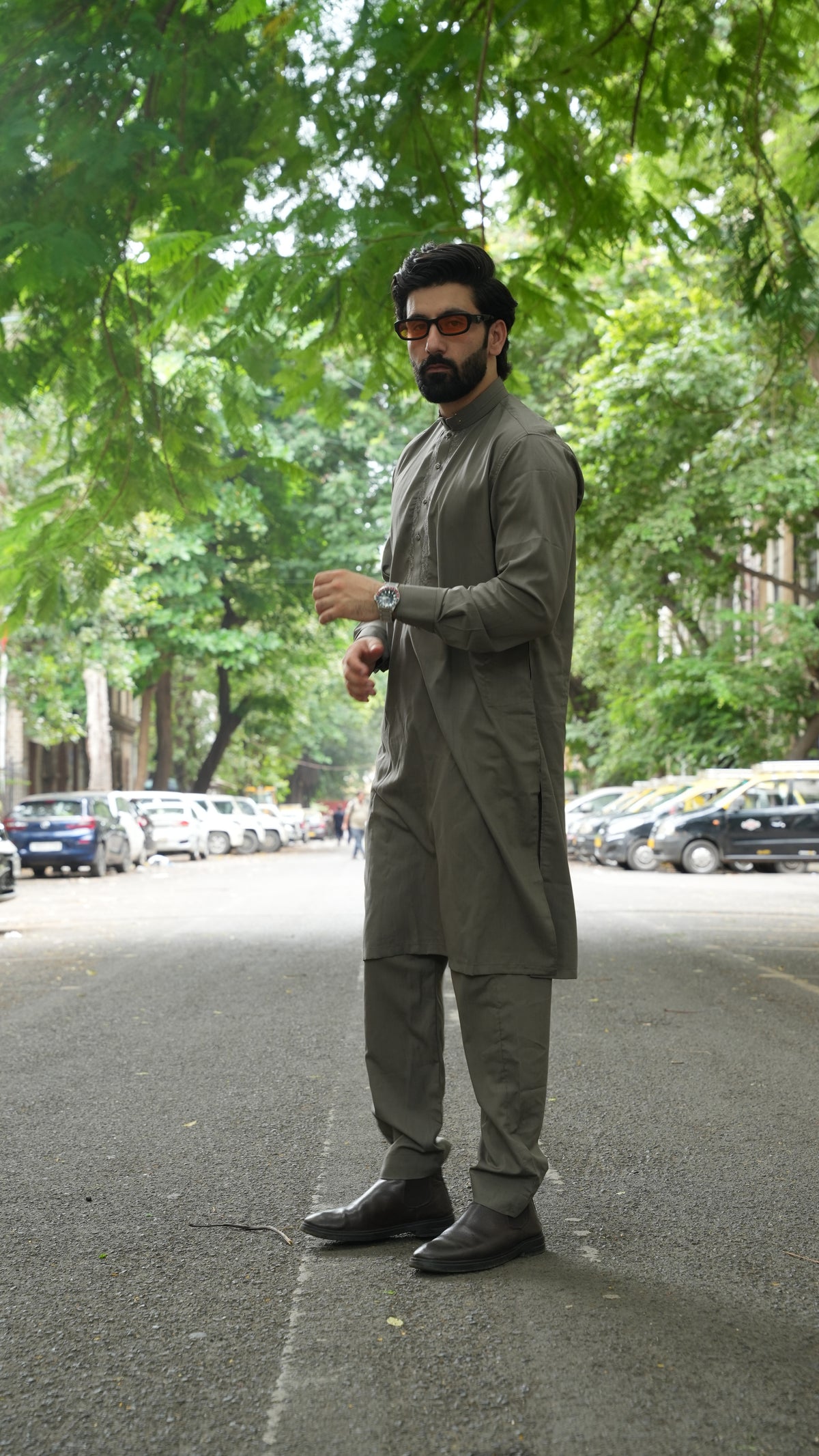 Stone Olive Luxury Embroidered Kurta Trouser
