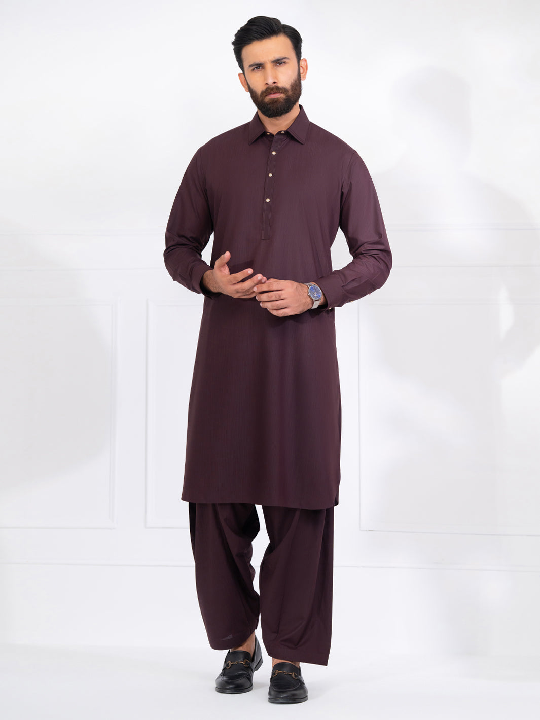 Wasim Akram Burgundy Blended Kameez Shalwar