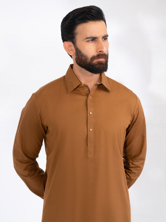 Wasim Akram Brown Blended Kameez Shalwar