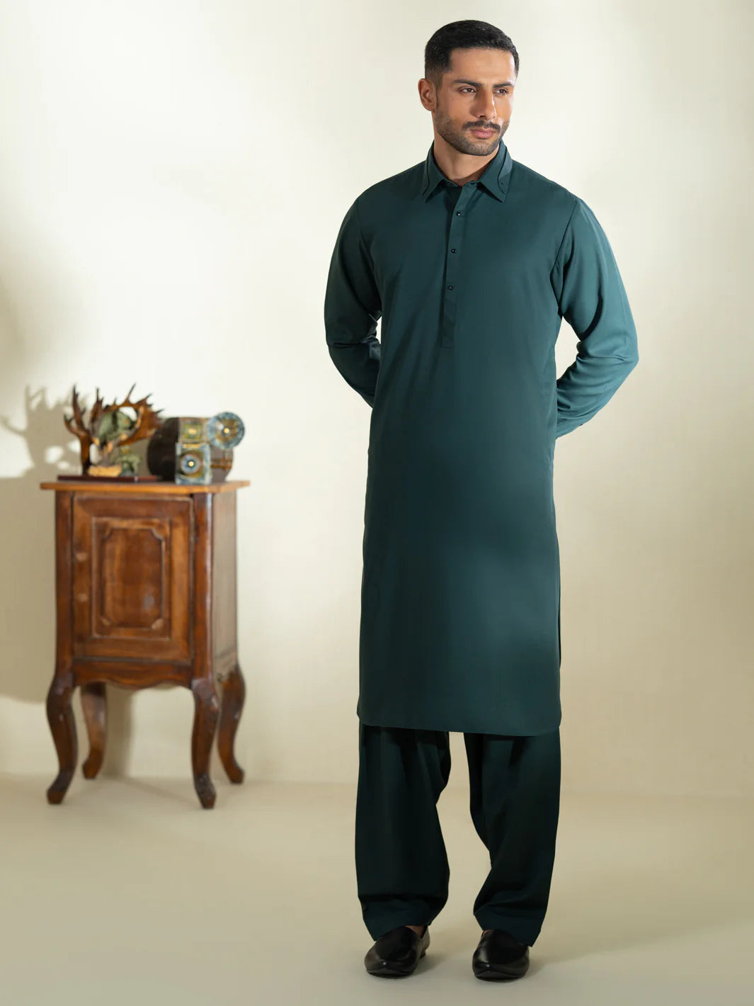 Wasim Akram Dark Green Blended Kameez Shalwar