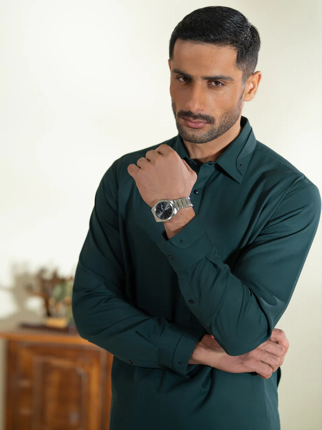 Wasim Akram Dark Green Blended Kameez Shalwar
