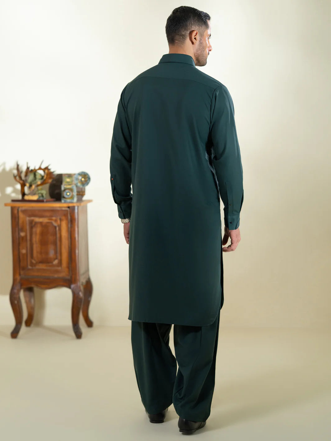 Wasim Akram Dark Green Blended Kameez Shalwar