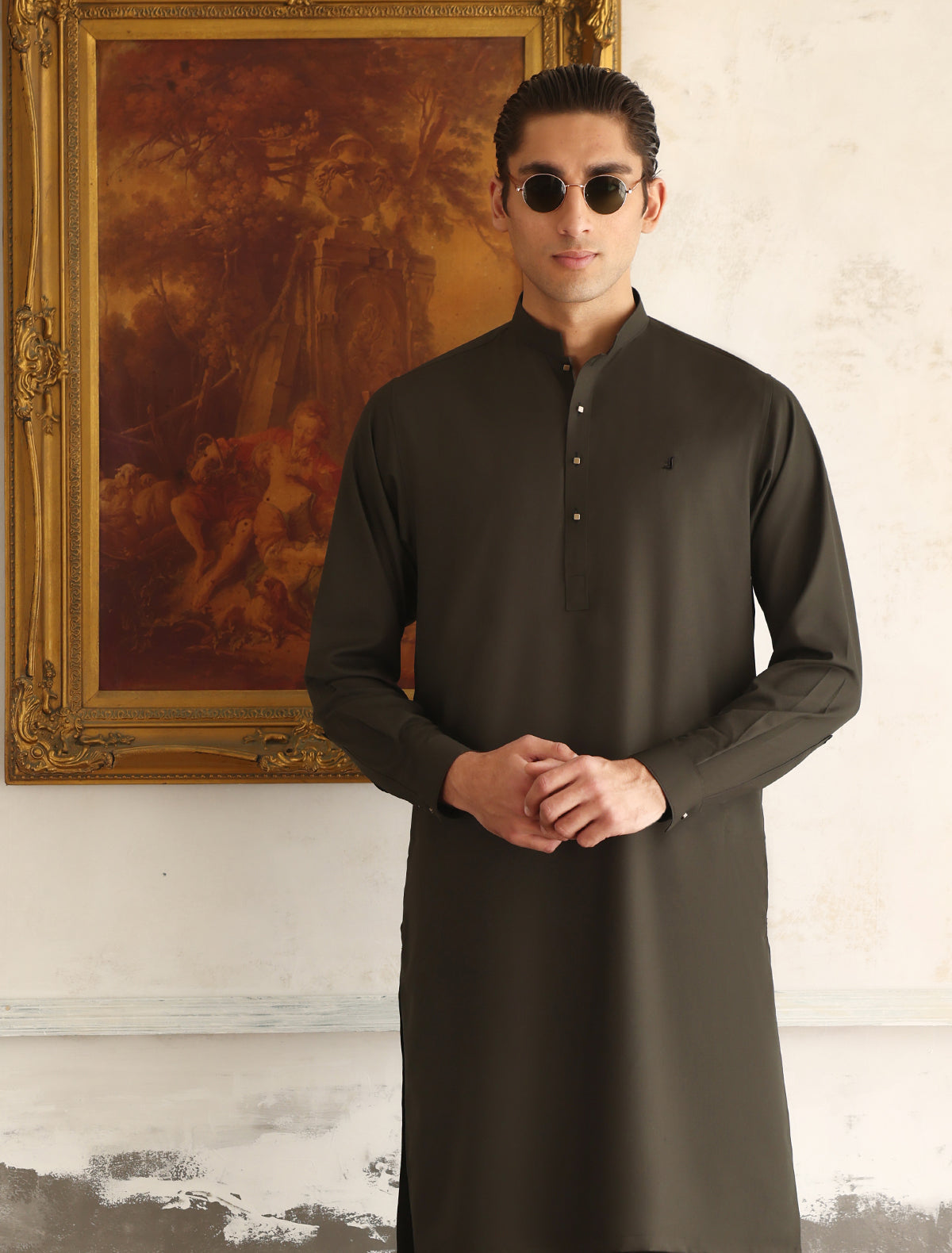 Olive Textured Kameez Shalwar (SHK2464)