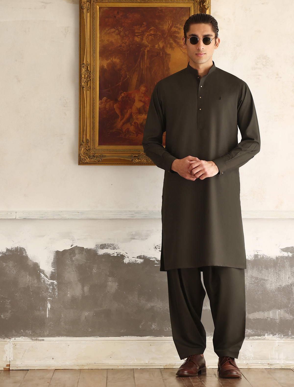 Olive Textured Kameez Shalwar (SHK2464)
