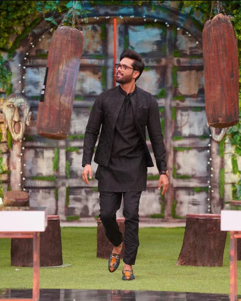 Snug Black Striped Kurta Trouser & Waistcoat