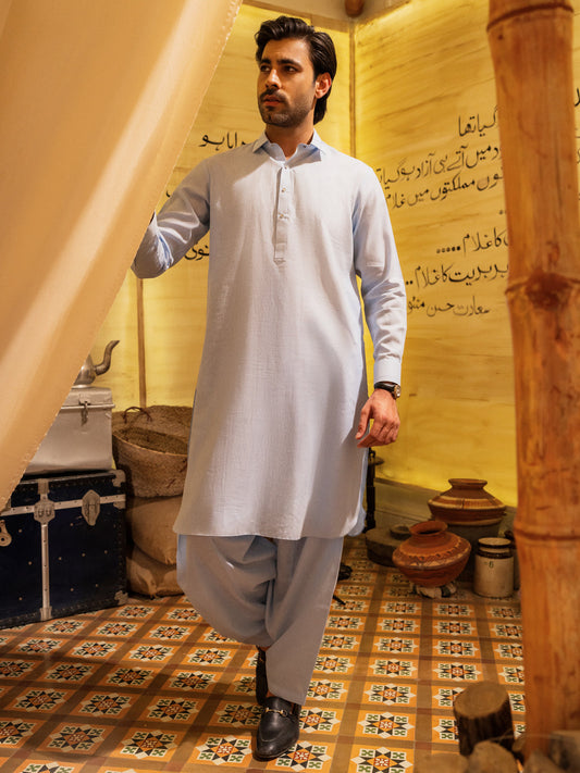 Wasim Akram Sky Blue Blended Kameez Shalwar