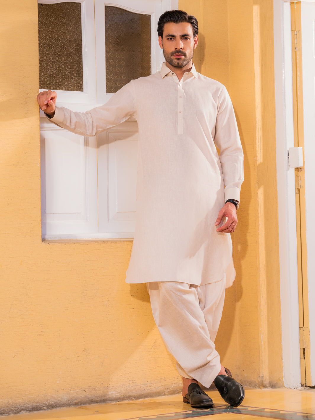 Wasim Akram Beige Blended Kameez Shalwar