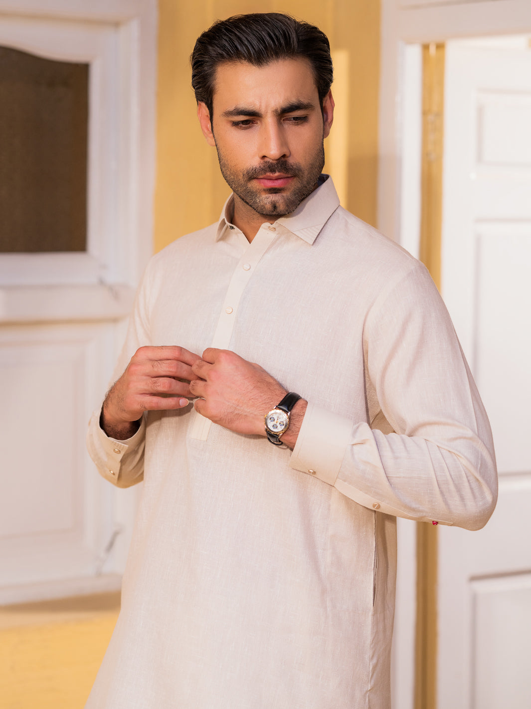 Wasim Akram Beige Blended Kameez Shalwar
