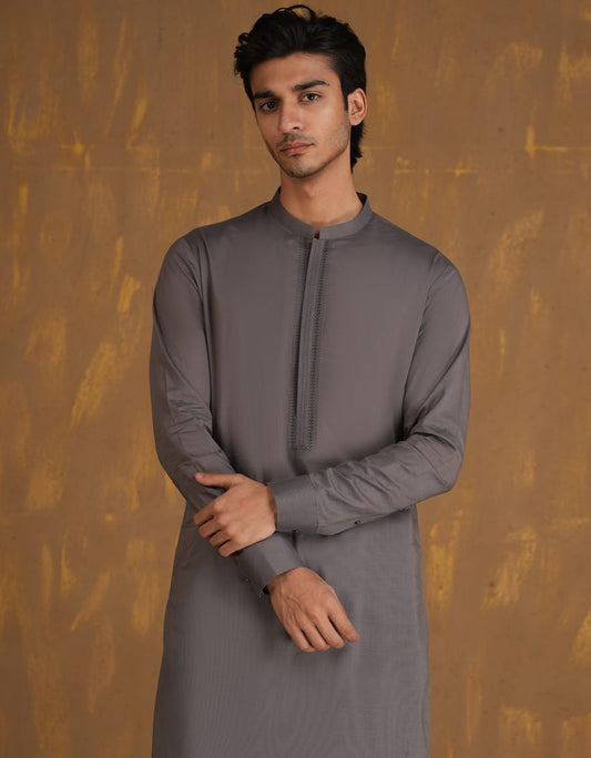 Grey Embroidered Cotton Kurta Pyjama