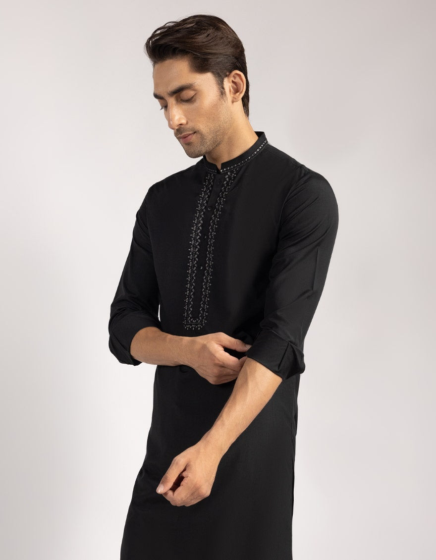 Black Blended Embroidered Kurta Trouser