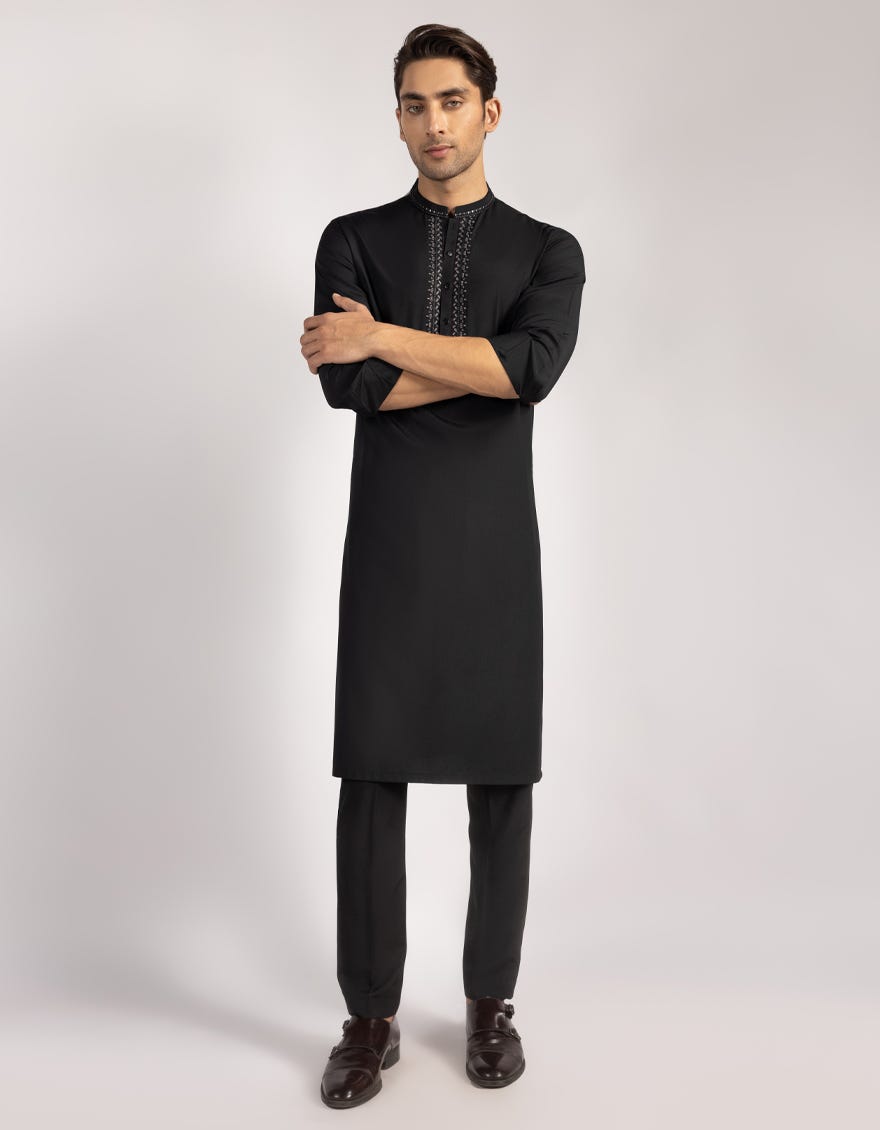 Black Blended Embroidered Kurta Trouser