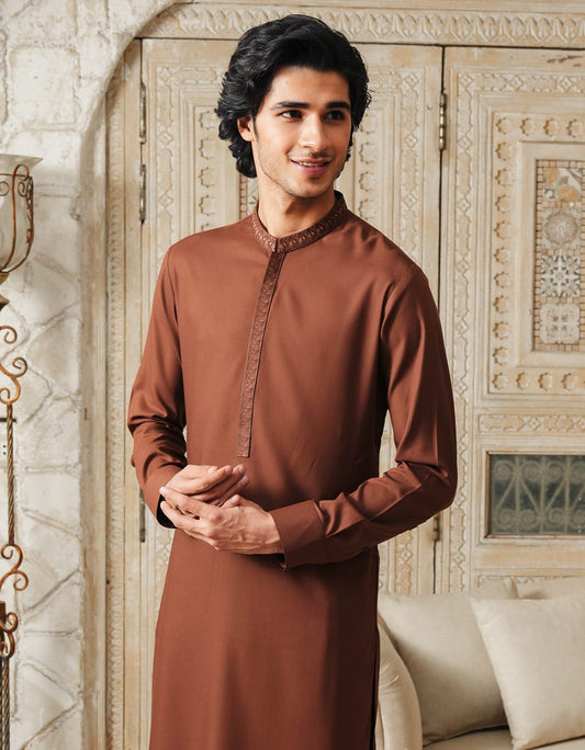 Rust Embroidered Blended Kameez Shalwar