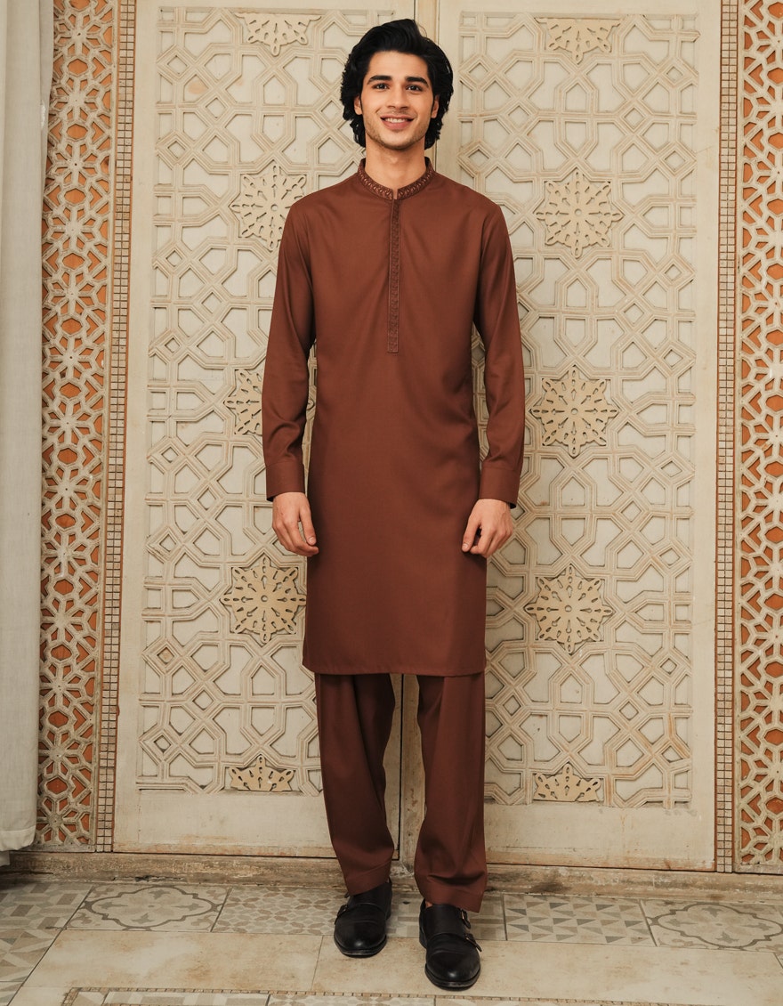 Rust Embroidered Blended Kameez Shalwar