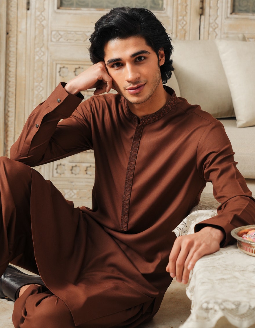 Rust Embroidered Blended Kameez Shalwar