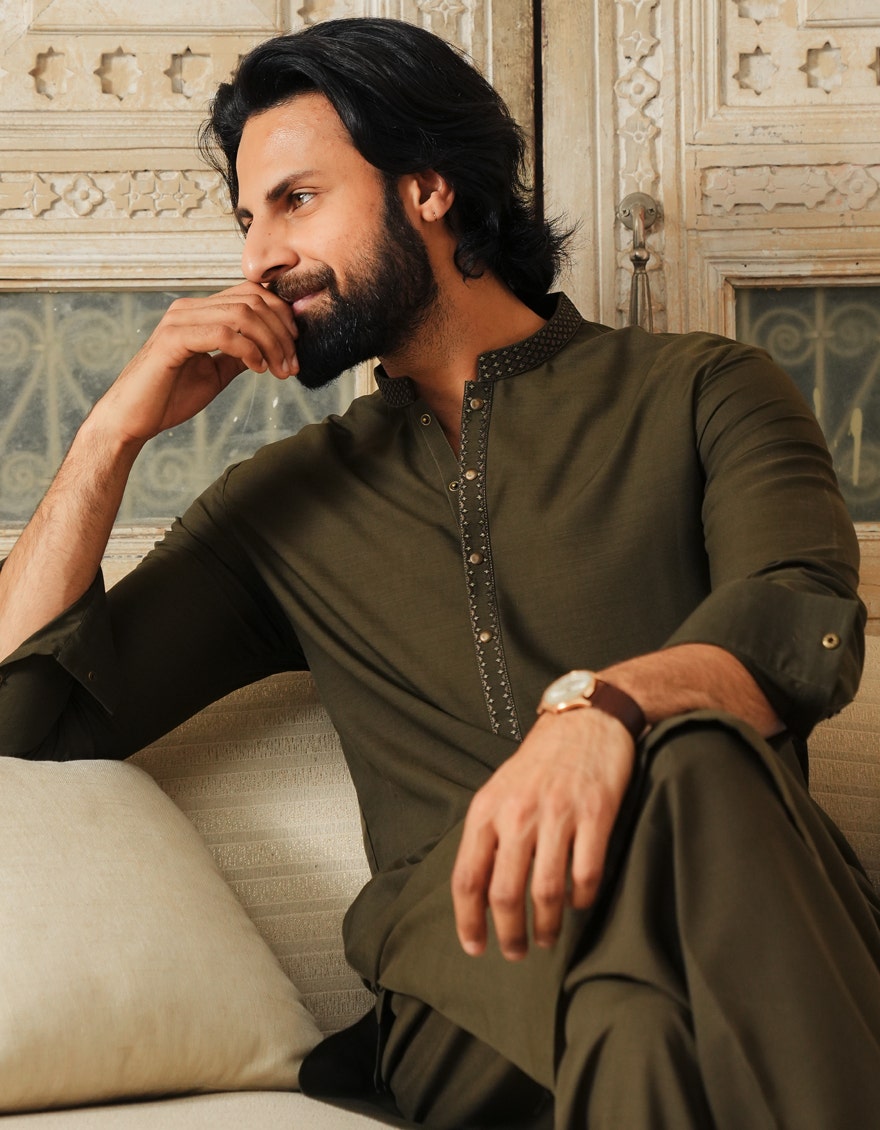 Mehndi Green Embroidered Blended Kameez Shalwar