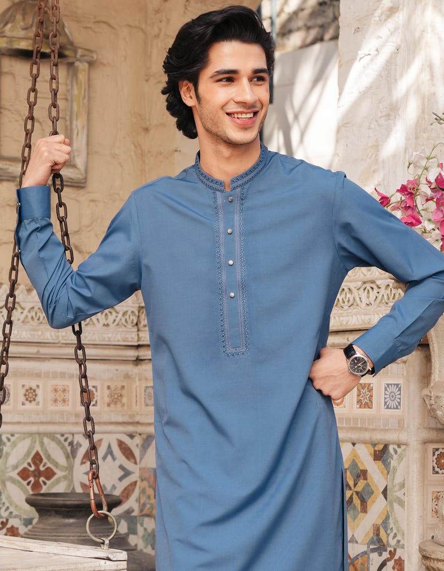 Blue Embroidered Blended Kameez Shalwar