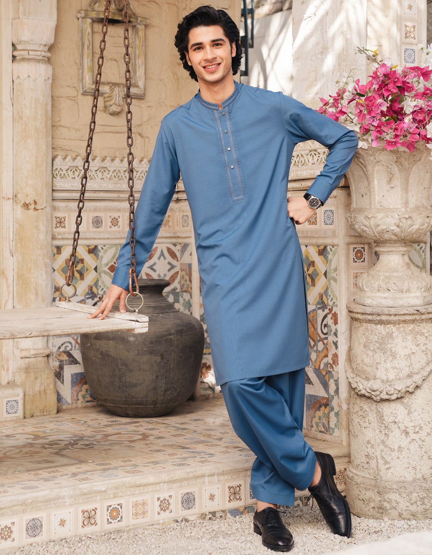 Blue Embroidered Blended Kameez Shalwar