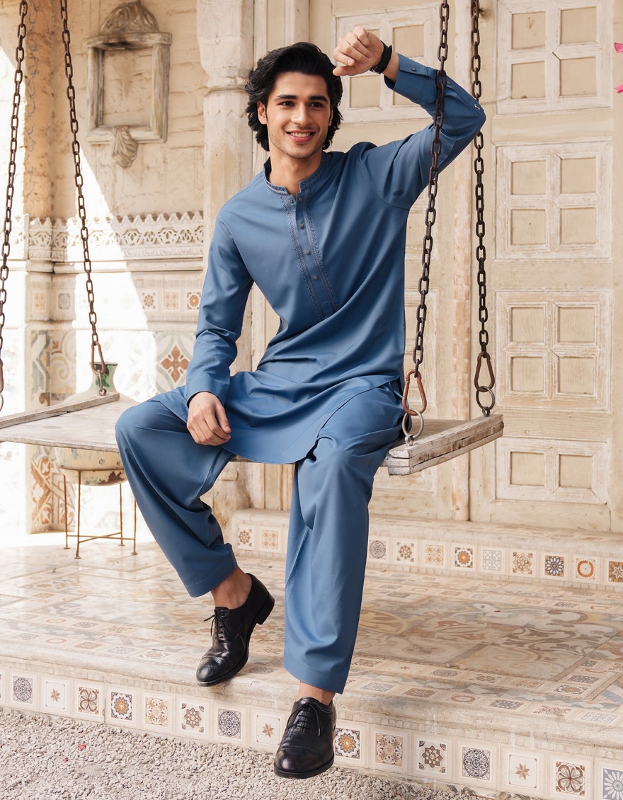 Blue Embroidered Blended Kameez Shalwar