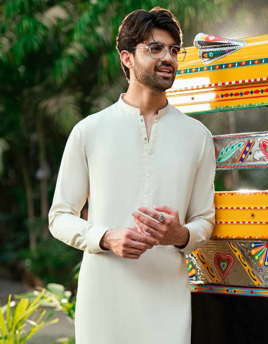Cream Embroidered Blended Kameez Shalwar