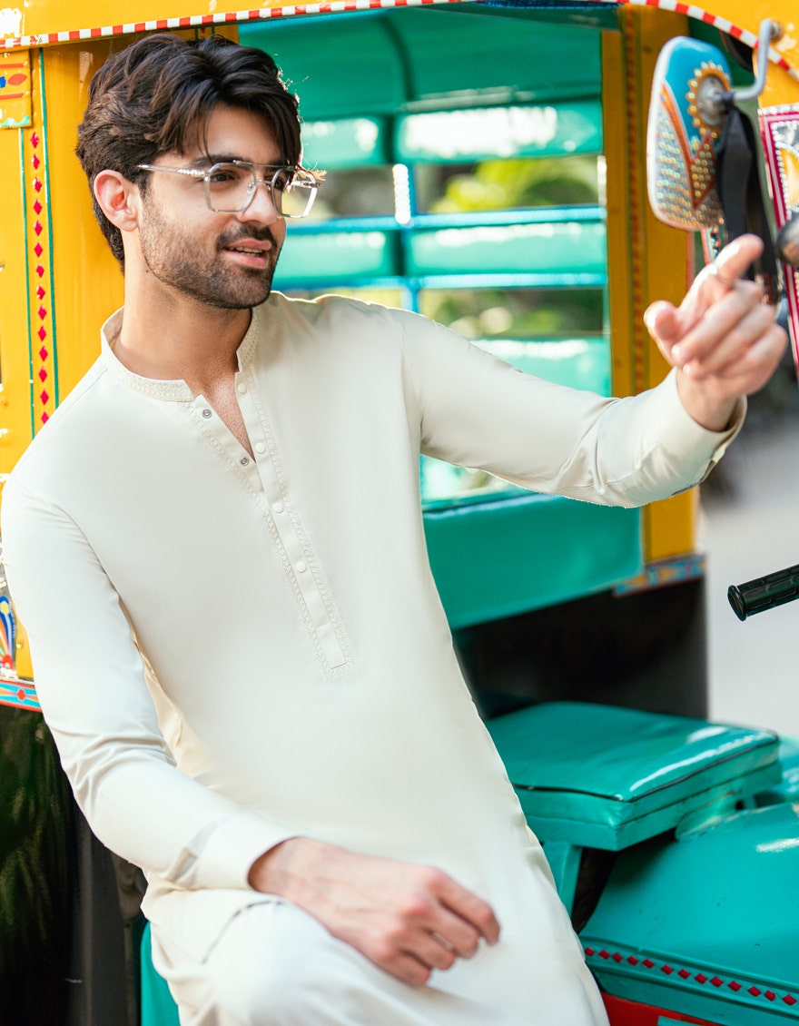 Cream Embroidered Blended Kameez Shalwar