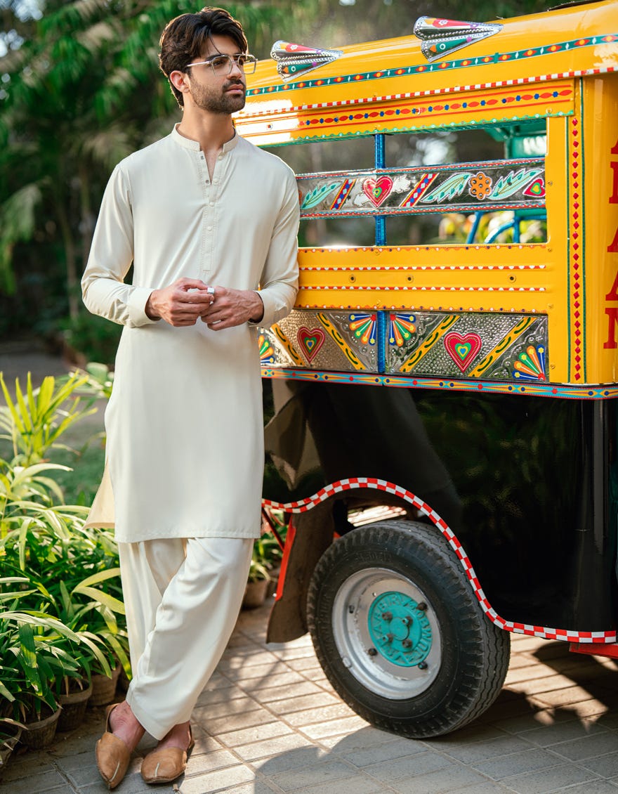 Cream Embroidered Blended Kameez Shalwar