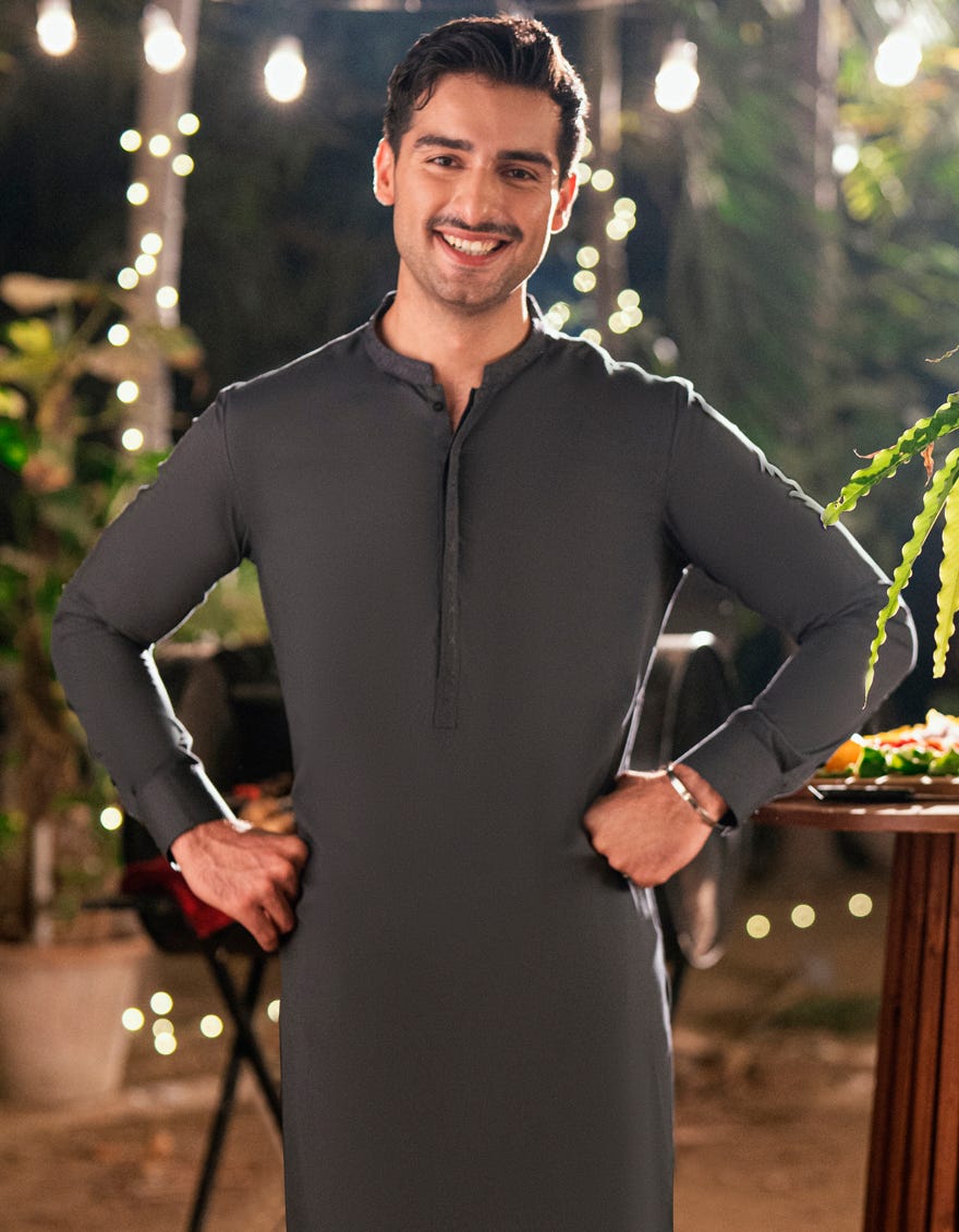 Grey Embroidered Blended Kameez Shalwar