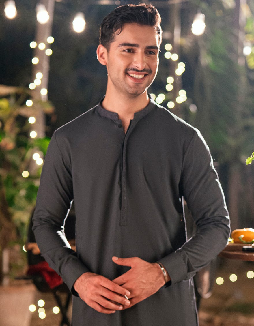 Grey Embroidered Blended Kameez Shalwar