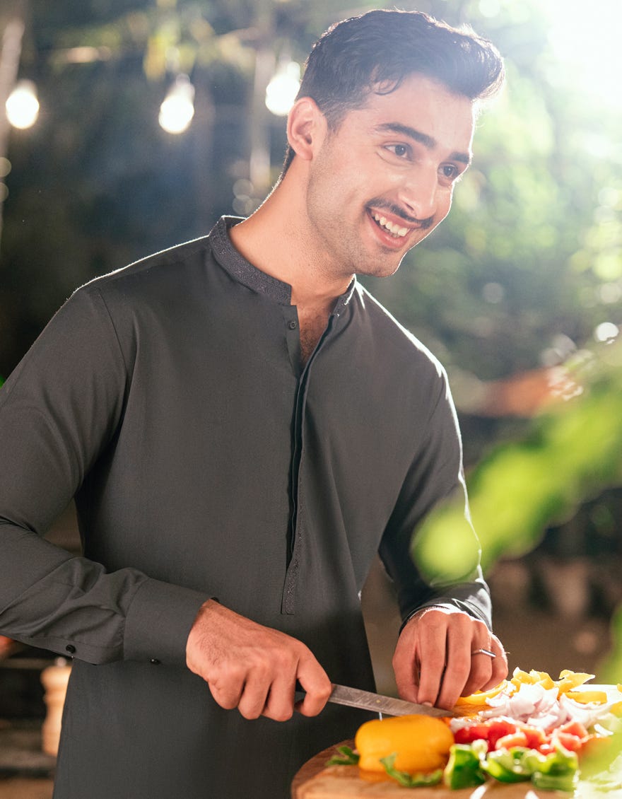 Grey Embroidered Blended Kameez Shalwar