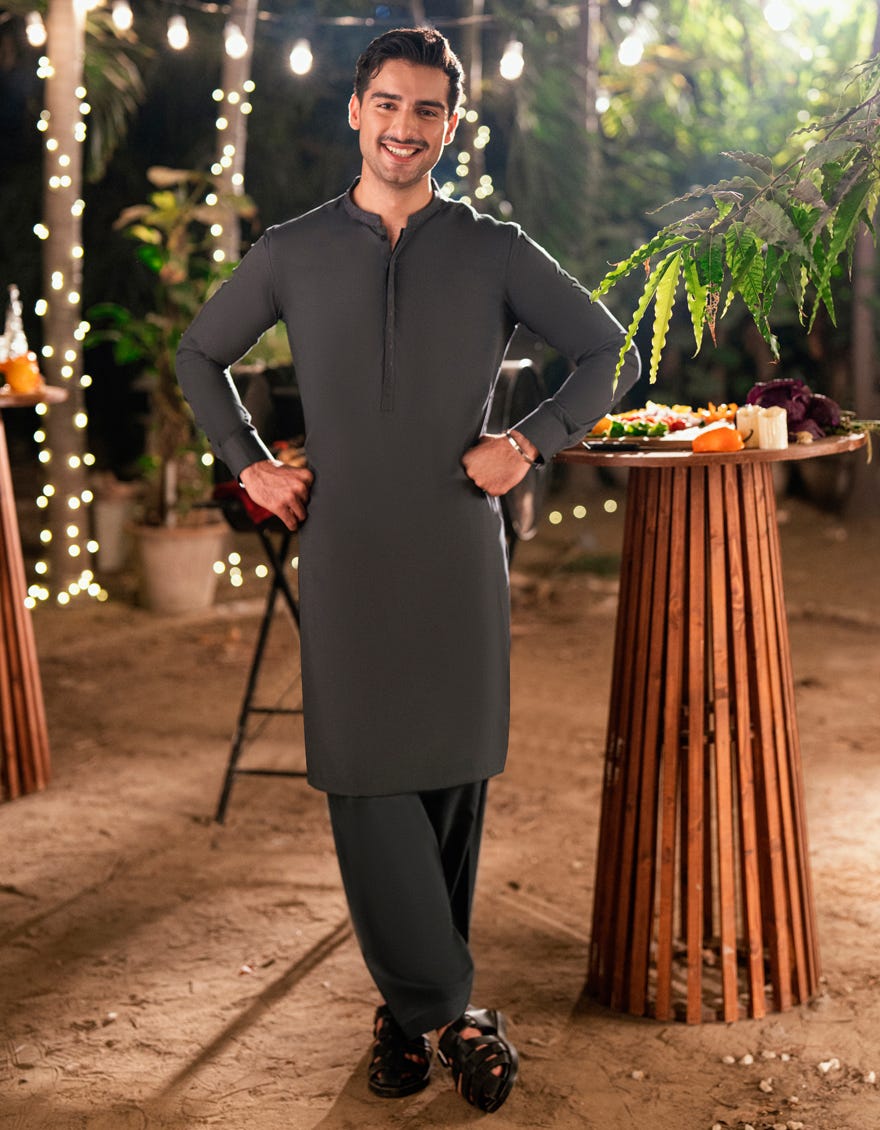 Grey Embroidered Blended Kameez Shalwar