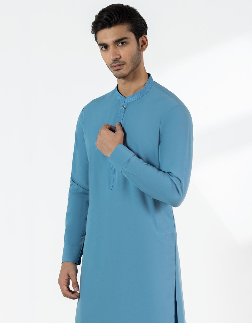Light Blue Embroidered Blended Kameez Shalwar