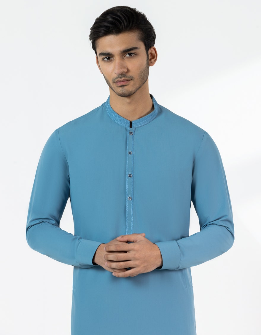 Light Blue Embroidered Blended Kameez Shalwar
