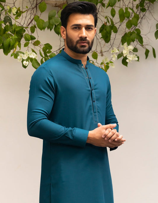 Green Embroidered Blended Kameez Shalwar