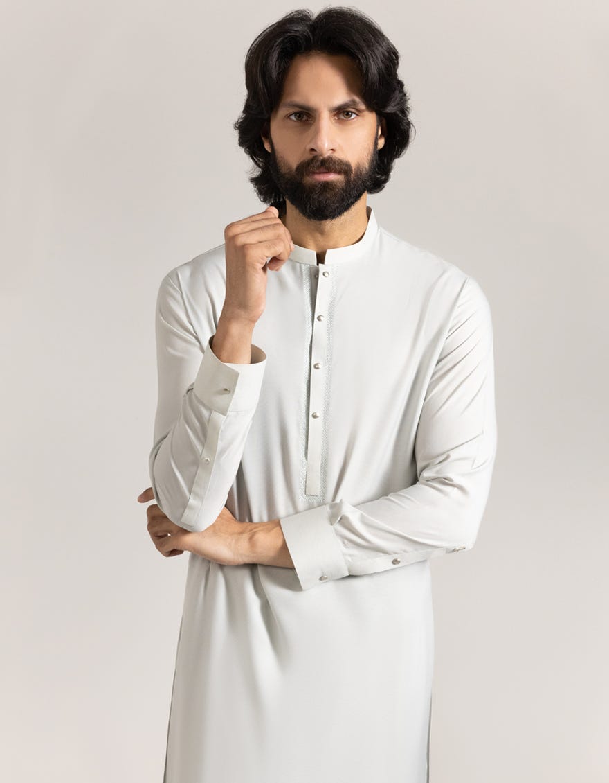 Smoke Grey Embroidered Blended Kameez Shalwar