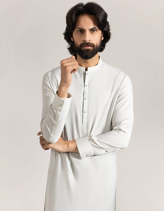 Smoke Grey Embroidered Blended Kameez Shalwar