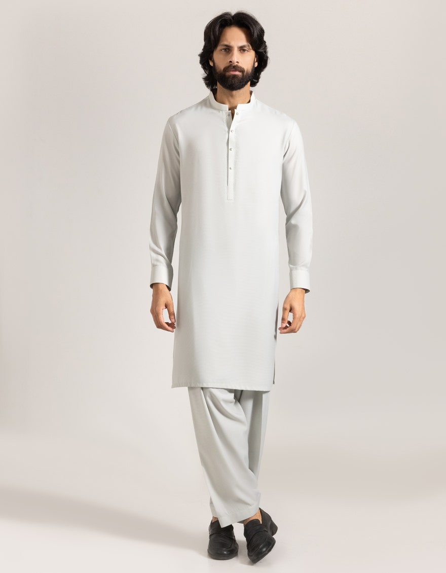 Smoke Grey Embroidered Blended Kameez Shalwar